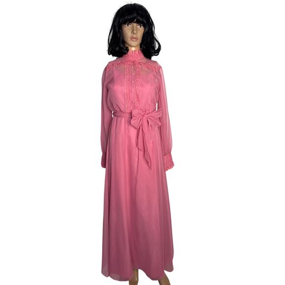 1970s Pink Chiffon Prairie Maxi High Neck Dress Lace Trim LGWD Canada XS - Picture 3 of 17